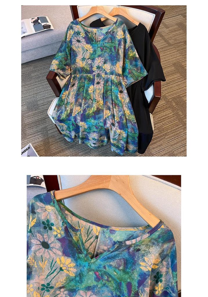 Artistic Retro Plus-Size Short-Sleeve Mid-Length Dress