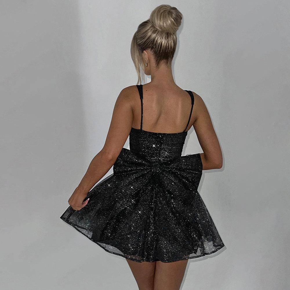 Europe 2026 Strapless Slim Bright Silk Sparkle Dress with Bowknot