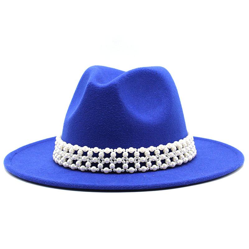 High-Grade Pearl Woolen Top Hat, Flat-Brimmed Big Eave Hat, Versatile Straight-Brimmed Jazz Hat