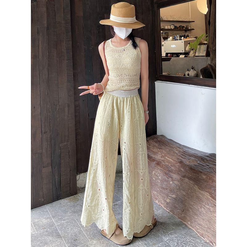 Korean Style Lady's Small New Heavy-Duty Embroidery Stitched Pattern Hollow Lace Straight Pocket Anti-Wrinkle Wide-Leg Cropped Pants