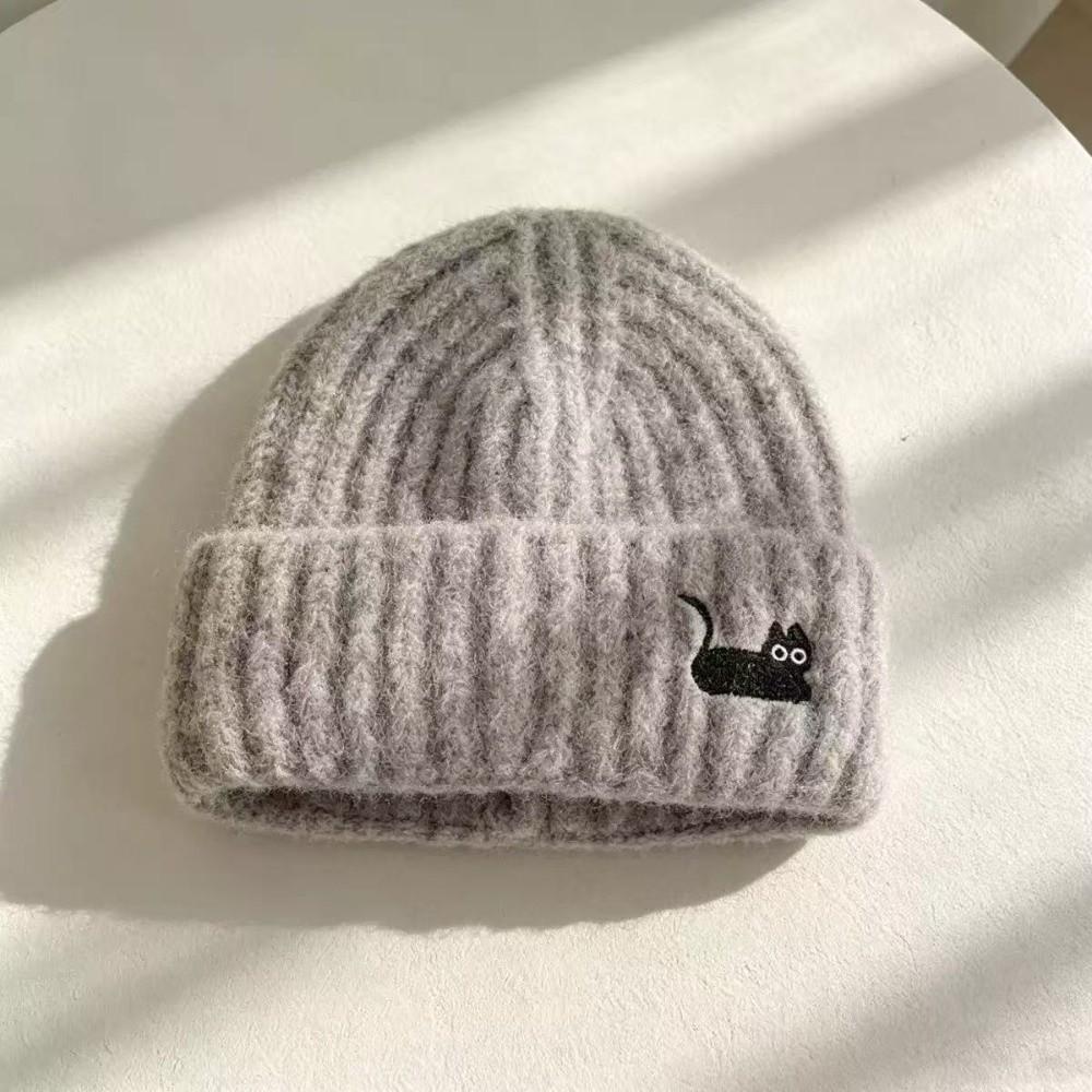 Soft Warm Beanie Hat Cat Embroidered Winter Thermal Cap New Knitted Woolen Hat  Women