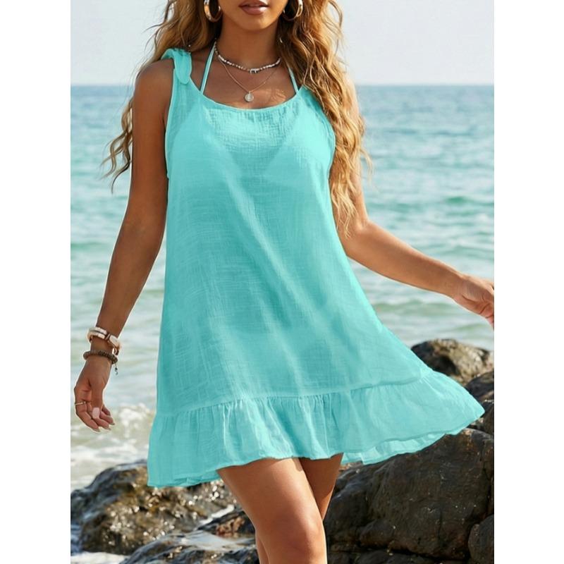 Fashion See Through Beach Cover Up Short Dress V Neck Backless Sexy Elegant Sheer Sleeveless Seaside Dresses Solid Color Lace-up Clothing