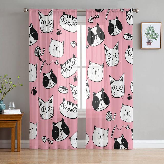 Cute Cartoon Hand Drawn Cat Tulle Curtains For Living Room Bedroom Decor Chiffon Sheer Voile Kitchen Window Curtain