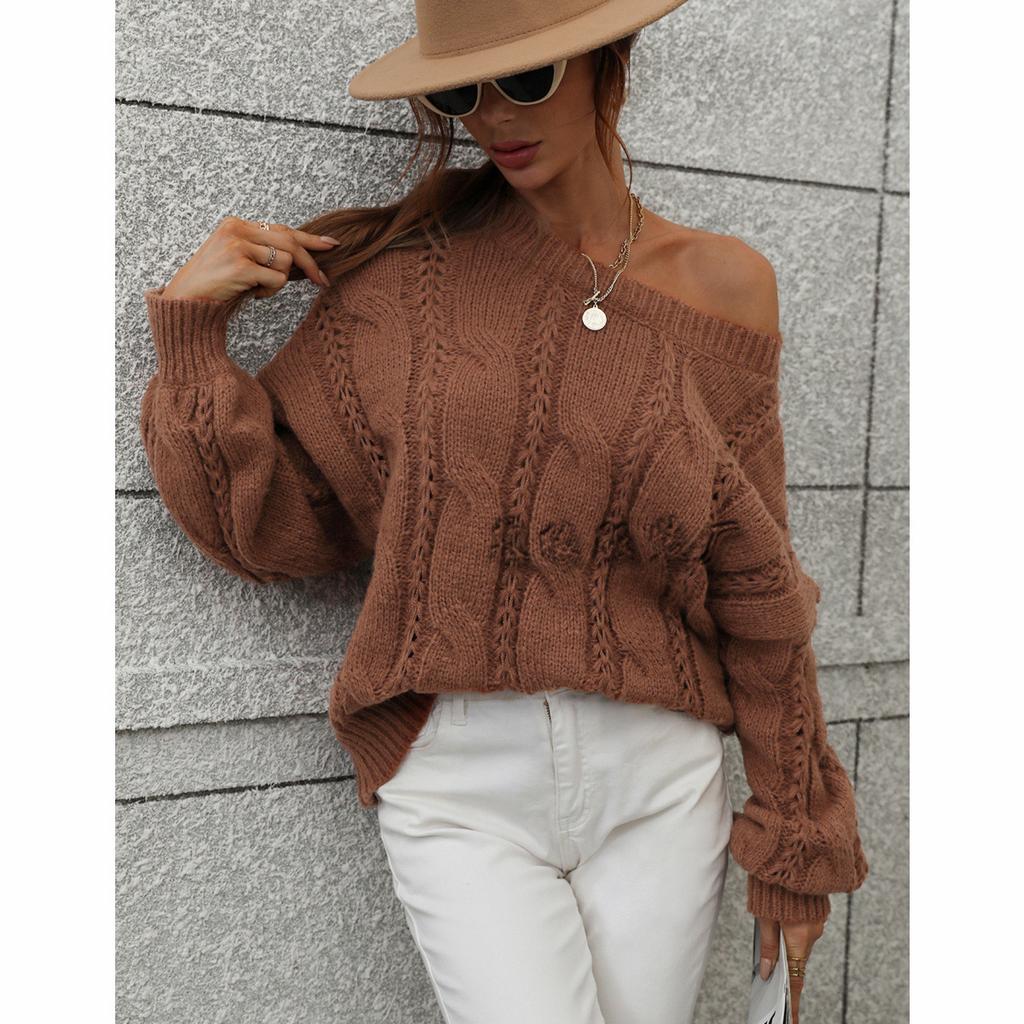 Autumn and winter new sweater twisted rope solid color loose large size crew neck knitted sweater women