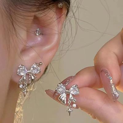 Korean Bows Earring with White Zircon Women's Fashion Cute Pink Crystal Stud Earrings Y2k Earring for Girls Party Zircon Gifts