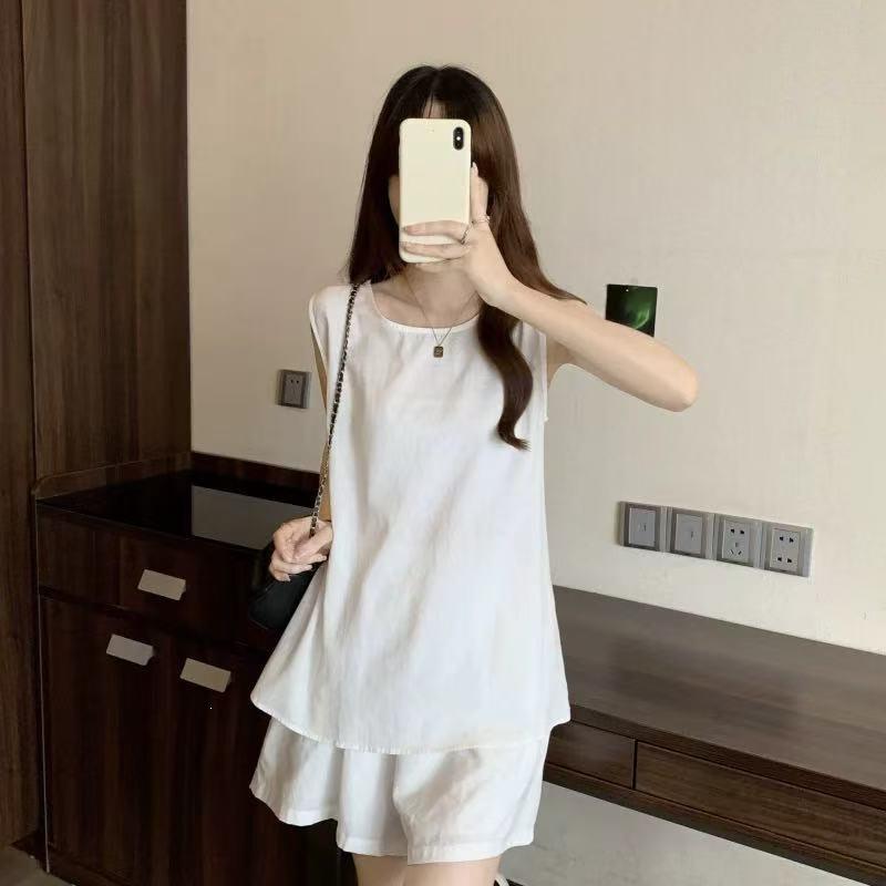 Large size women's clothing fat mm yellow sleeveless top and shorts set summer clothing with a complete set of casual thin two-piece set