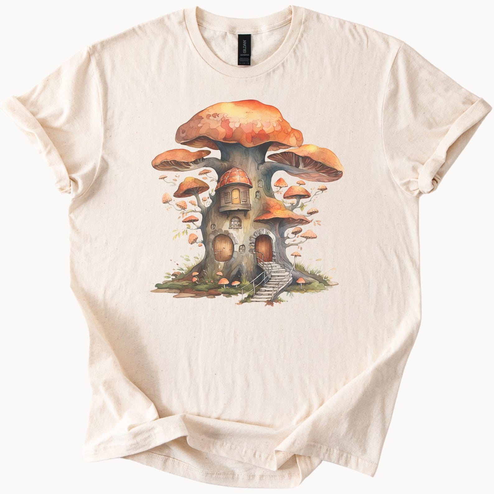 Whimsical Mushroom House Graphic T Shirt Fantasy Cottagecore Fairycore Forest Home Art Tee Nature Aesthetic Cute Fungi Shirt 160