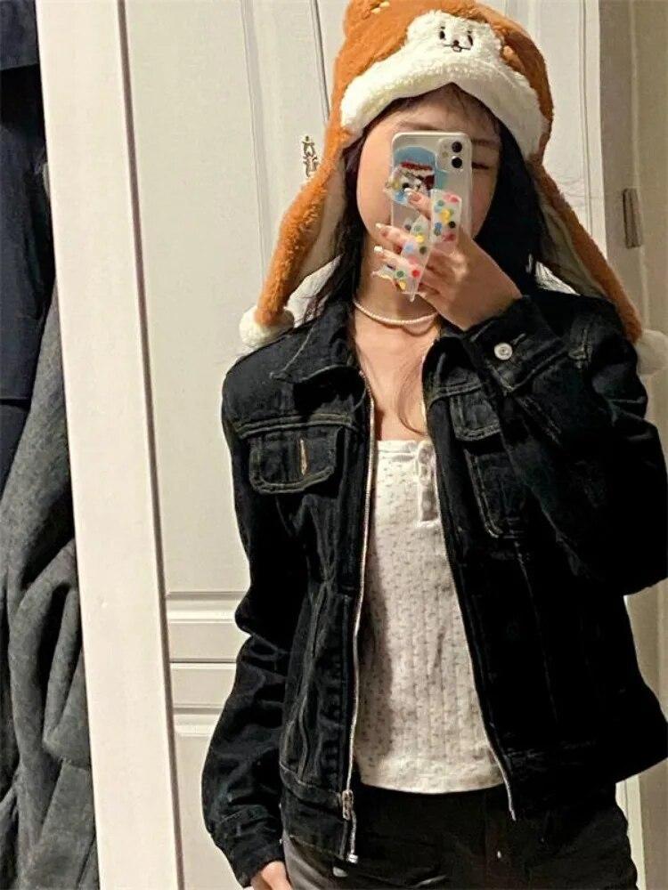 2024 Zipper Jeans Solide Streetwear Mäntel Frauen Mode Taschen Y2k Ästhetische Jacke Weibliche Drehen Unten Kragen Punk Vintage Denim Jacken 2024