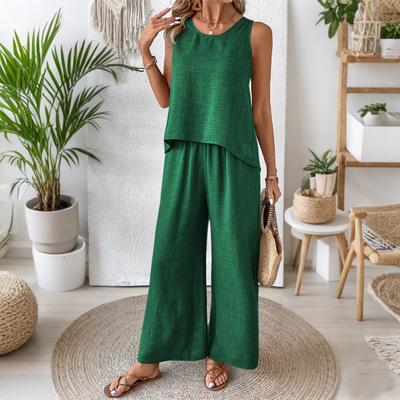 Yousheng Women's Two Piece Lounge Set Summer Sleeveless Hollow Back Top Wide Leg Pants Set Casual Vacation Travel Outfits