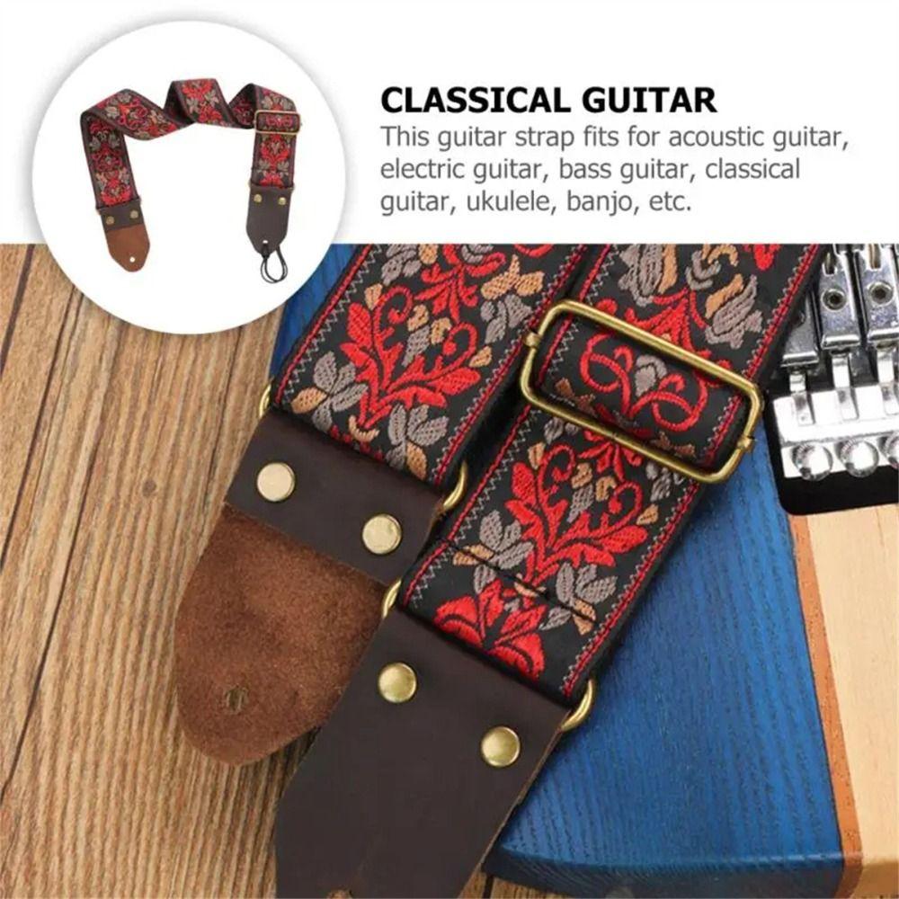 Vintage Flowers Embroidered Guitar Strap Leather Head Electric Guitar Belt Acoustic Bass