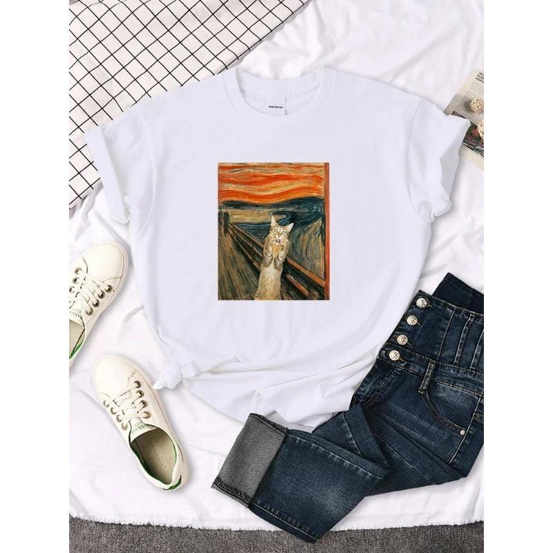Tshirts Surprised Kitten Oil 3D Painting Print Women T-Shirts
