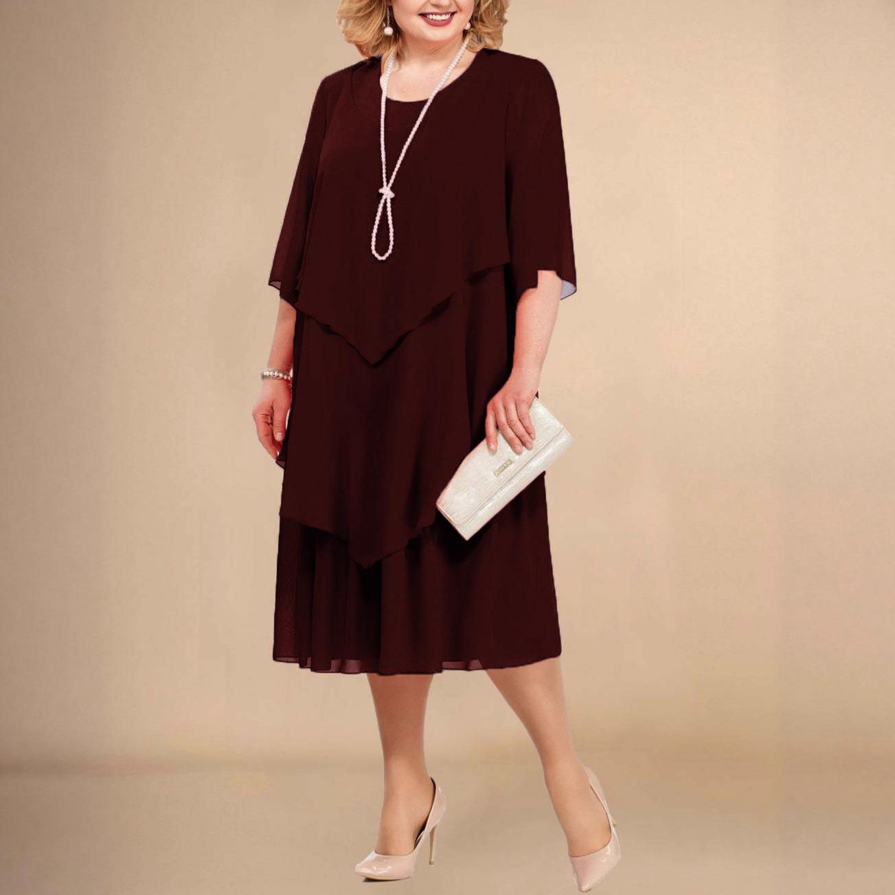 Elegantné šifónové šaty s asymetrickým prekladom, dĺžka po kolená, okrúhly výstrih, 3/4 rukáv 5XL