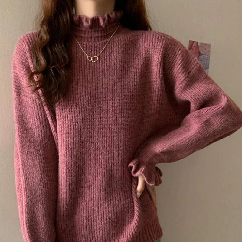 

Жіночі сорочки з напіввисоким вирізом, манжети, топи з довгими рукавами, жіночий однотонний зимовий одяг One size