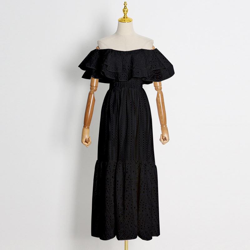 

Темпераментное длинное платье в стиле знаменитостей, женские летние двухслойные платья с вышивкой в ​​виде листьев лотоса и воротником-стойкой L чёрный