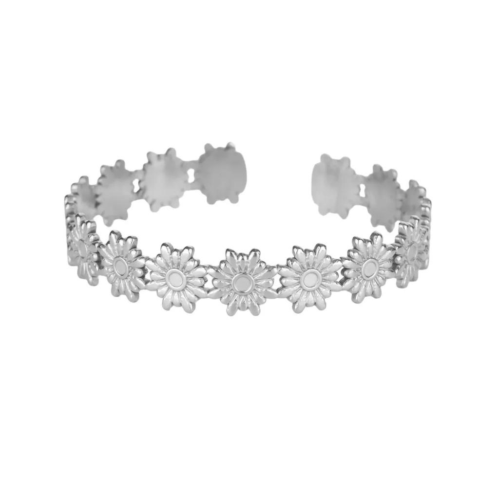 Bracciali Aperti Chunky con Fiori per Donna Acciaio Inossidabile Impermeabile Fiori Bracciale Largo Gioielli per Mano da Festa Matrimonio Regalo Elegante