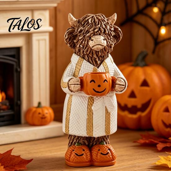 Spooky Seasonal Tiered Tray Decor Halloween Highland Cow Figurine, Resin Statue with Pumpkin Mug, Cute Animal Desk Accessories Farmhouse Fall Tabletop
