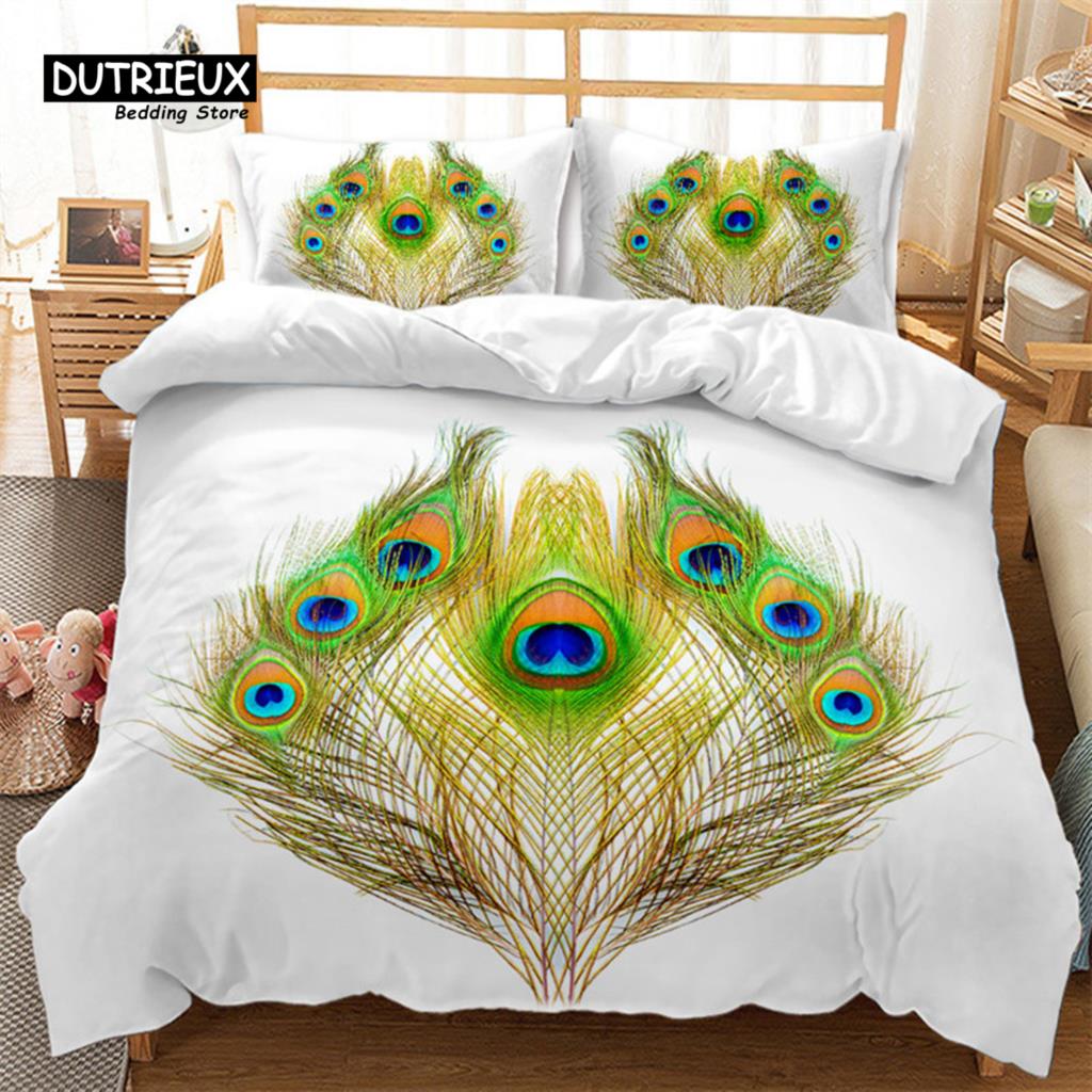 Peacock Feather Bedding Set Peacock Duvet Cover Set Single Double King For Adult Women Microfiber Comforter Cover Bedroom Decor