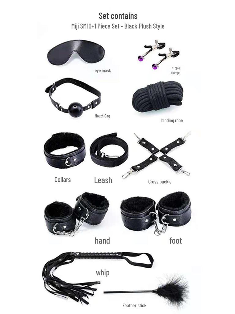 Flirty Bondage Set: Leather Handcuffs, Whip, Collar & Nipple Clamps