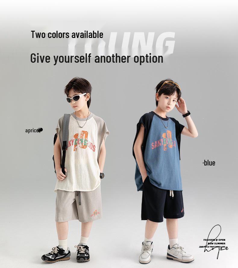 Color Block Boys' Korean Style Summer Sportswear Set - Loose Fit, Short Sleeve & Shorts, Medium/Large