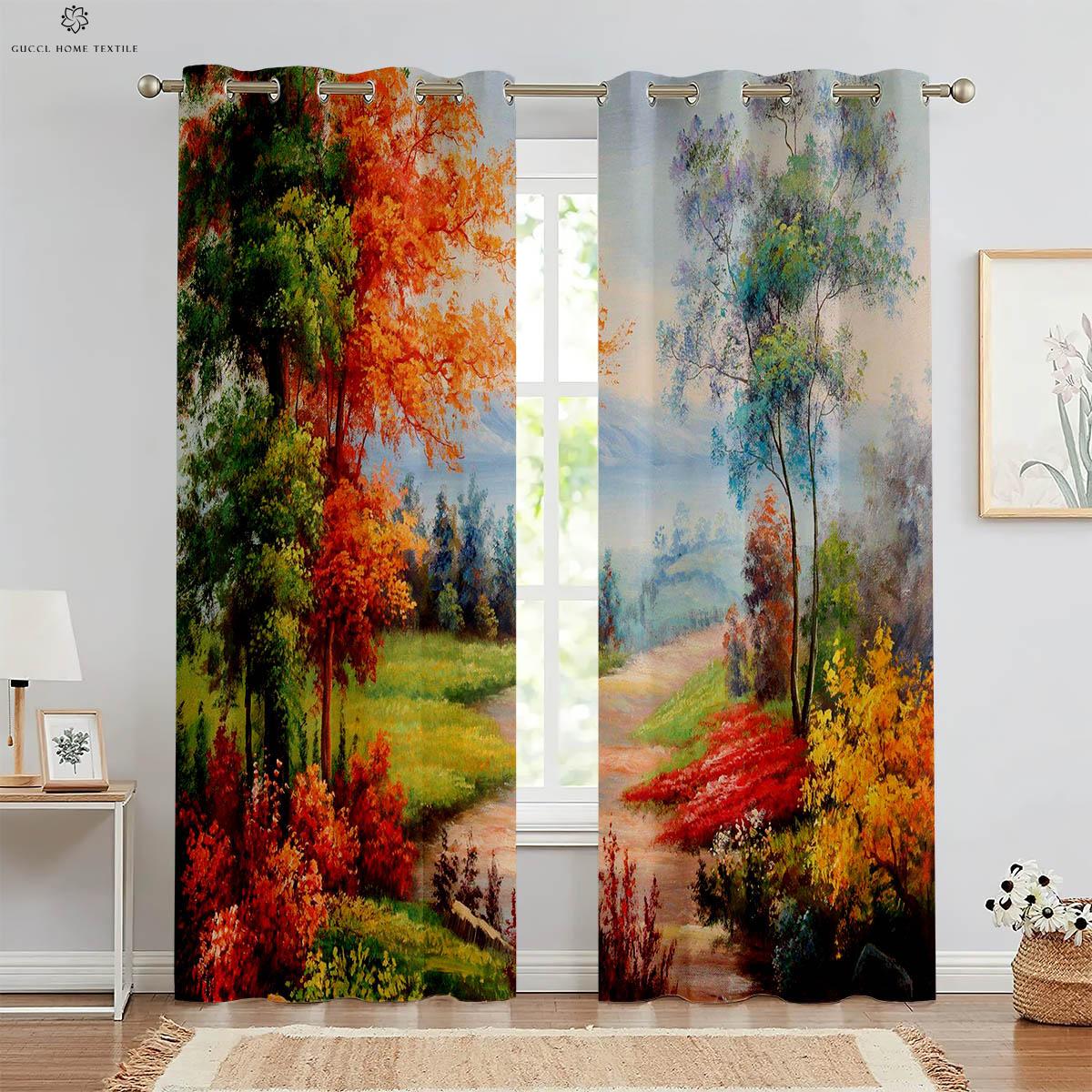 

Масляная живопись с пейзажем Декоративная штора Штора с 3D-печатью Студия Общежитие Спальня Гостиная Легко стирать и ухаживать Качество W50xH130(CM)x2PCS&Rod pocket