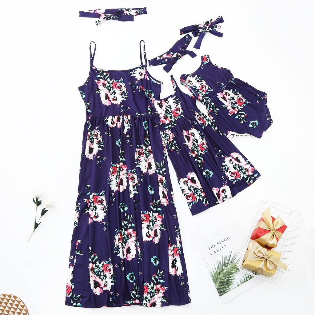 Summer Mommy And Me Sleeveless Romper Maxi Dresses+Headband Family Matching Set