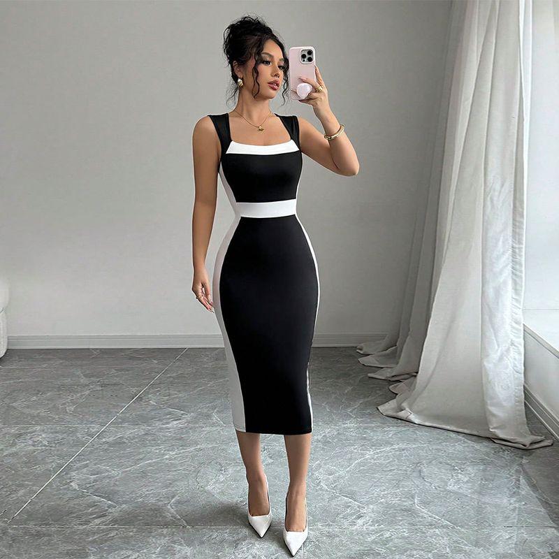 

2025 Summer New Women clothes Royal Sister Intellectual Style Dress Square Collar Sling Contrast Color Midi dress Black XL