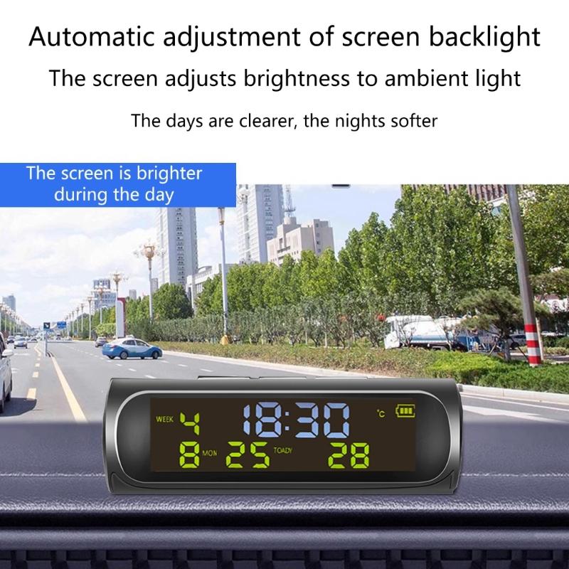 Digital Clock Auto Solar Powered Clock with Week Month Calendar Time Temperature Display Car Electronic Clock Wire Free