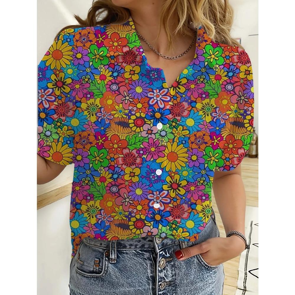 Hawaiian Womens Shirts Short Sleeve Button Floral Rose Printed Tops Casual Beach Shirts Summer New Sunflower Blouse Women's Tops