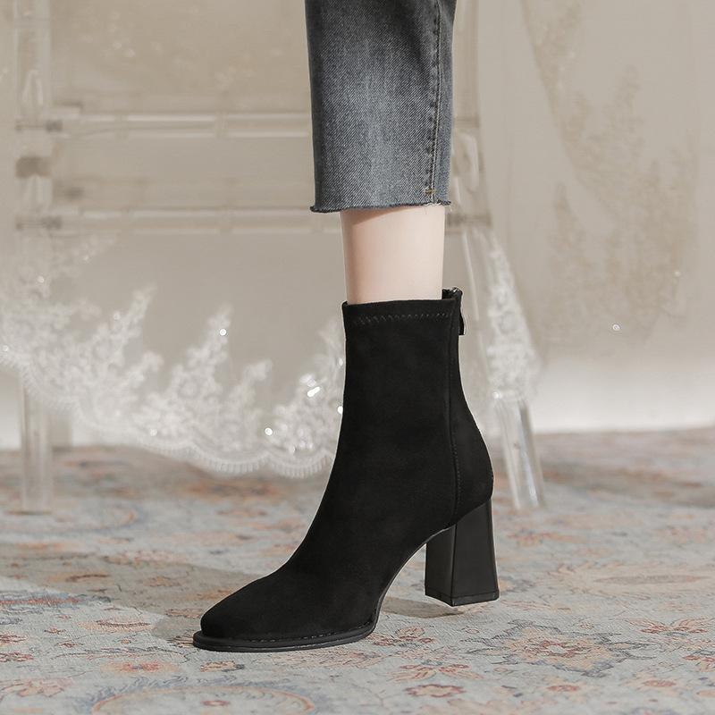 French suede thick heel short boots women's 2025 new rear zipper square head thin boots daily wear high heel women's boots