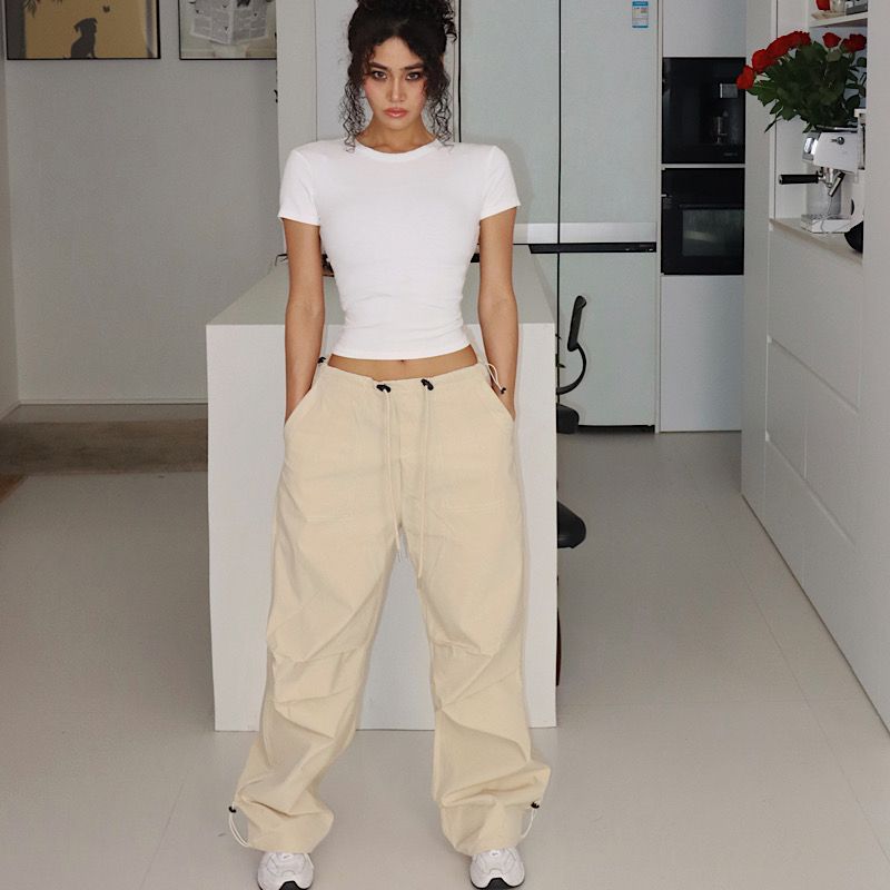 Akiyo Studio Summer New Drawstring Large Pocket Loose Casual Straight Overalls Trousers