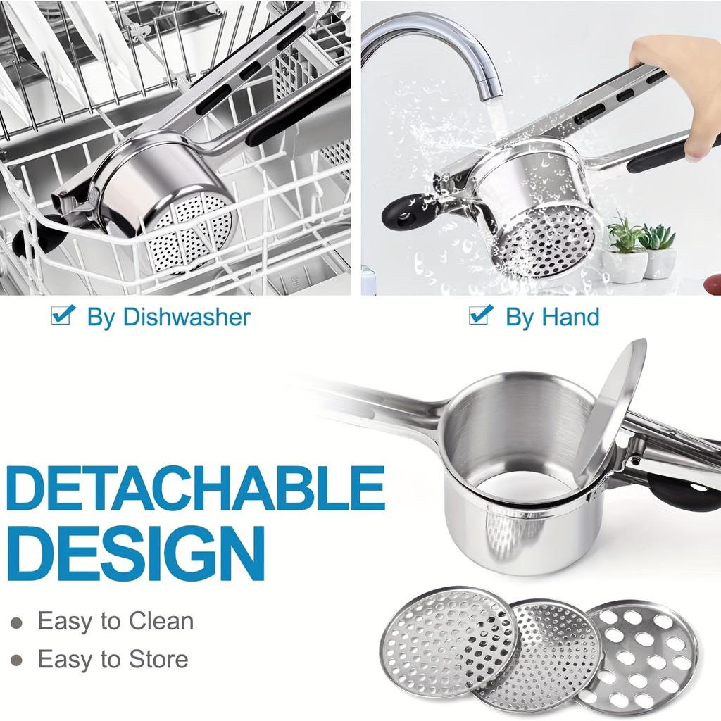 Stainless steel potato masher with silicone handle, potato press, potato purer, with interchangeable mesh