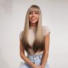 European and American Style Women Long Straight Wig with Blunt Bangs Front Lace Heat Resistant Synthetic Fiber Ombre Gray Wigs