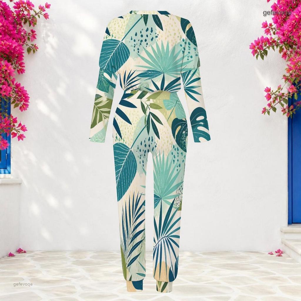 Women Plus Size White Teal Printed Round Neck Long Sleeve Cuffed Top And Cuffed Pants Two Piece Set