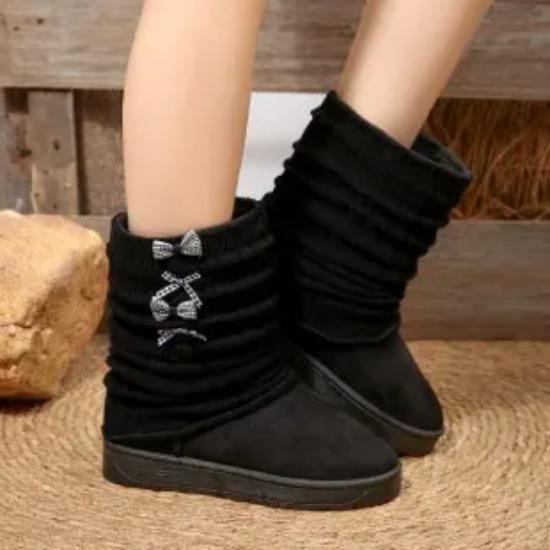 

Design Wrinkled Stacked Snow Boots Women Winter Sweet Bowknot Decoration Booties Warm Short Plush Mid Calf Boots 41