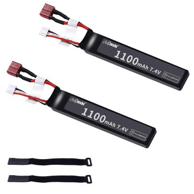 MINSHI Celeb 7.4V 1100mAh LiPo Battery (Pack of 2) with T-Plug for RC Cars, Trucks, Helicopters, FPV Drones, Etc., 1052011mm [Includes 2.5cm X 30cm