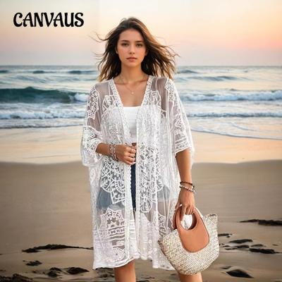 Cardigan sexy en dentelle transparente pour femme grande taille, broderie, bikini de plage, protection solaire