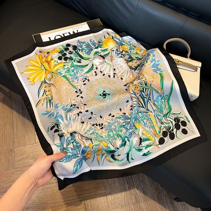 Silk scarf women's spring and autumn decoration versatile ins simple style striped square scarf streamer simulation silk fashion scarf scarf scarf