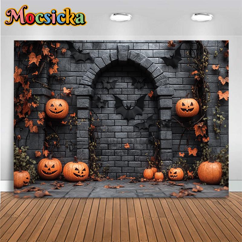 Mocsicka Halloween Photography Background Grey Brick Wall Bats Decorations Autumn Pumpkin Party Photo Backdrops Studio Wallpaper