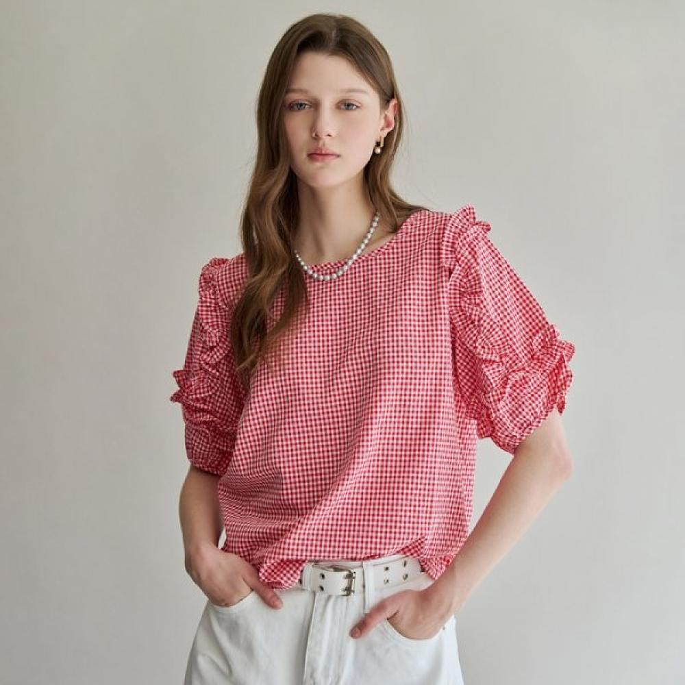 Maxza Gingham Check Frill Puff Blouse Zf08qb015nh Red/FREE