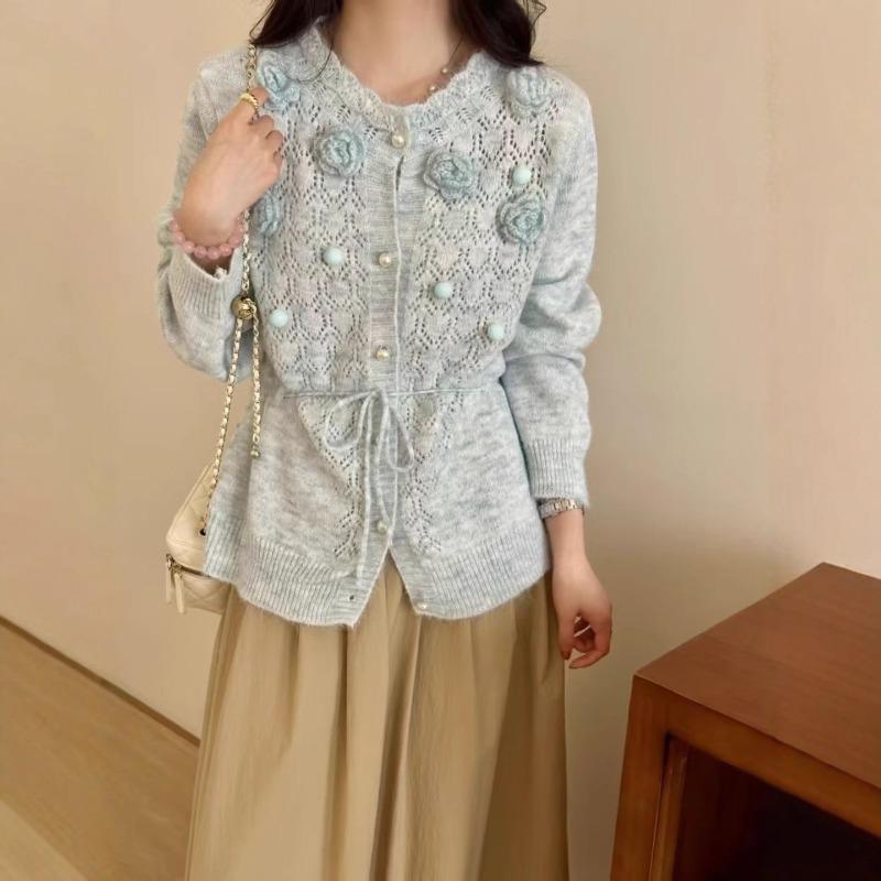 Heavy industry three-dimensional flower knitted cardigan autumn and winter new crochet hollow waist thin sweater jacket top