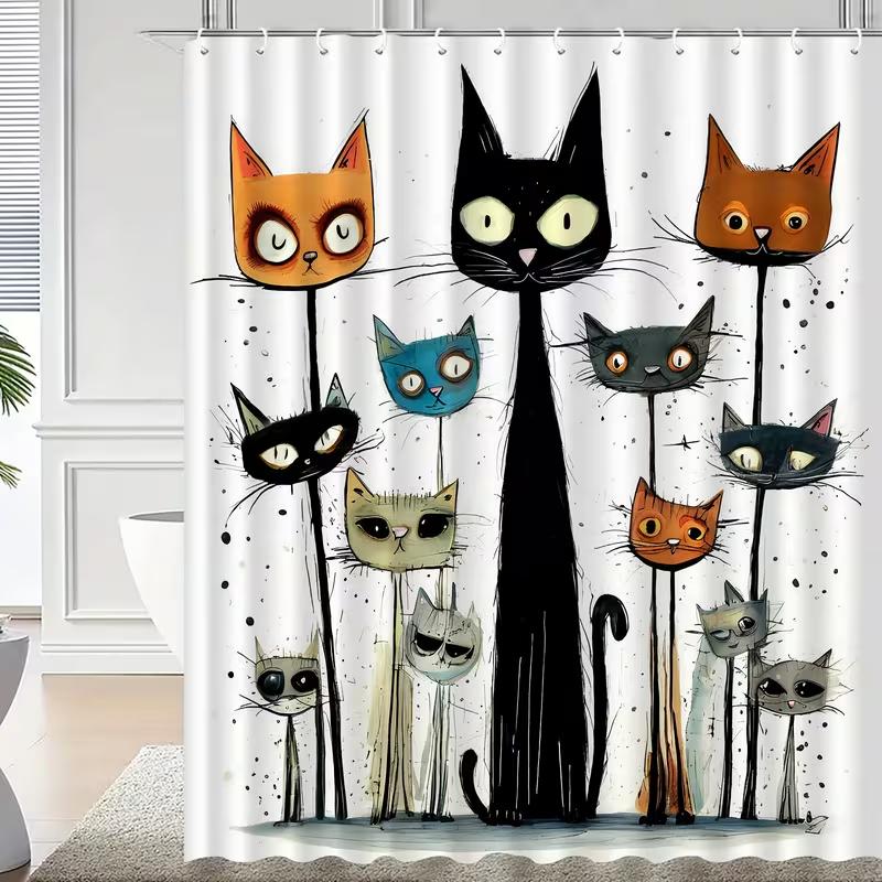 VIKAMA Cartoon Cat Print Shower Curtain Easy Care Nordic Style Bathroom Wet/Dry Separation Healing and Adorable Atmosphere