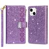 For iPhone 15 Zipper Wallet Stand Phone Case PU Leather Glittery Laser Carving Phone Cover