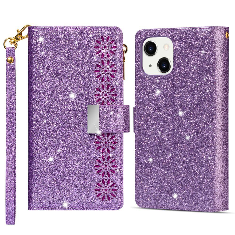 For iPhone 15 Zipper Wallet Stand Phone Case PU Leather Glittery Laser Carving Phone Cover