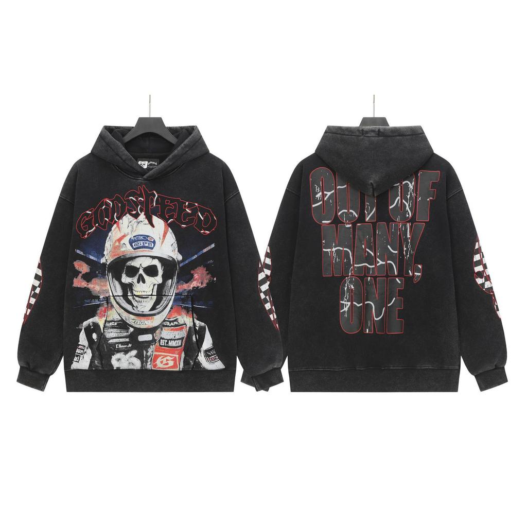 God Bless America Retro Rock Street Print Washed Hoodie - Casual Loose Fit