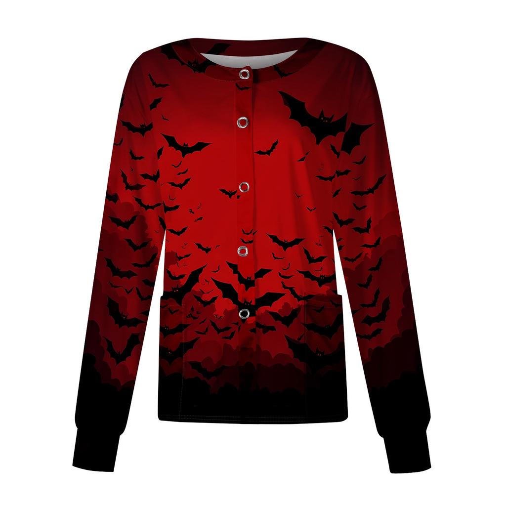 Womens Casual Long Sleeve Cardigan Halloween Print Button Front Lightweight Open Front Pullover Top for Caregivers Workwear