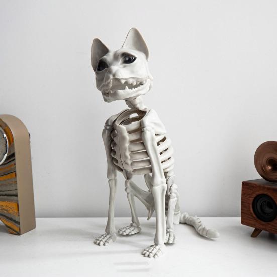 Kostra Kočky Halloweenská Dekorace Strašidelná Sedící Kostra Kočky Figurka Plastové Zvířecí Kosti s Pohyblivými Klouby pro Hřbitovní Scénu Strašidelné Domy