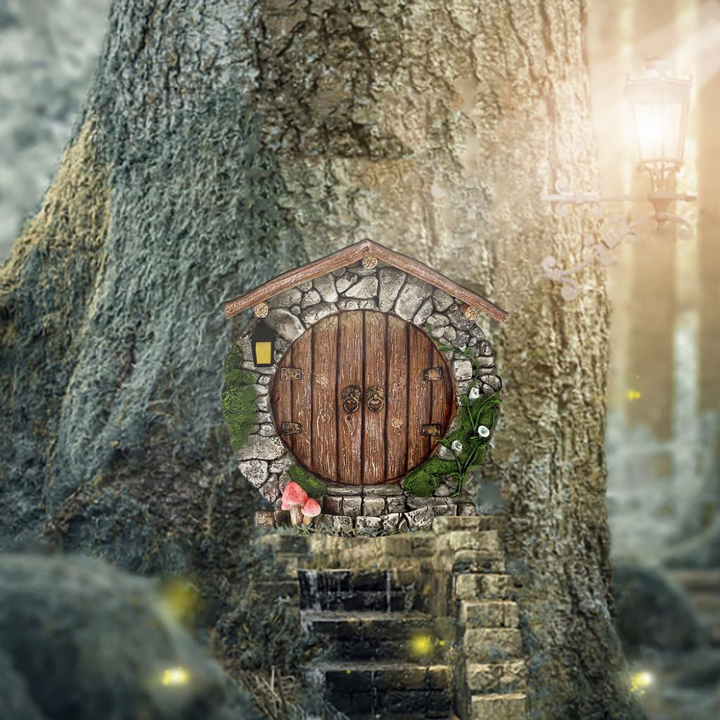 Garden Fairy Door Decoration With Wooden Tree Design For Outdoor Yard Decor