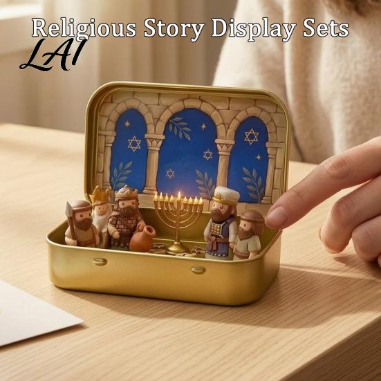 Religious Theme Table Decor Miniature Hanukkah Menorah Diorama Tin Box Pocket Scene Set with Figurines And Nativity Scenes Menorah Mini in A Box for