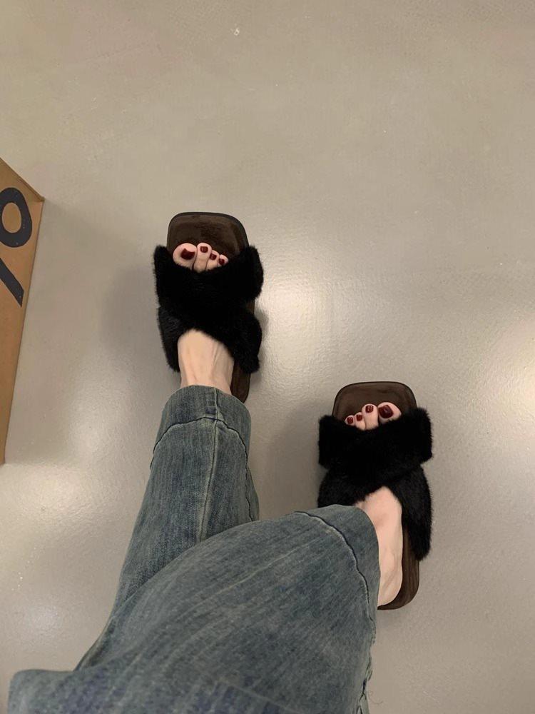 Lässige Herbst- und Winter-Kreuzworträtsel sanfte Retro-Dicksohlen-Flauschpantoffeln Damen tragen vielseitige Baumwollschuhe Leopardenmuster Samt