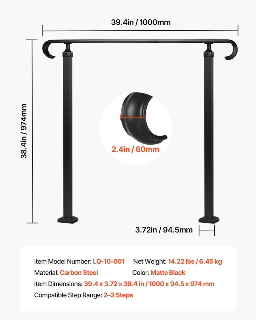 Handrails for Outdoor Steps, 2-3 Step Adjustable Height, Carbon Steel Transitional Handrail with Installation Kit, Exterior Hand Railing for Steps,